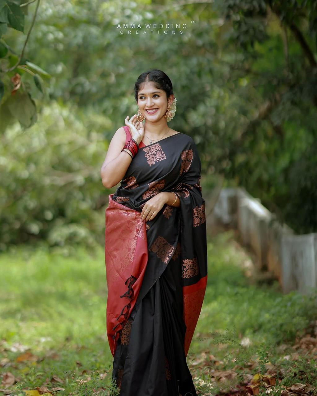 Outstanding Black Soft Banarasi Silk Saree With Lovely Blouse Piece