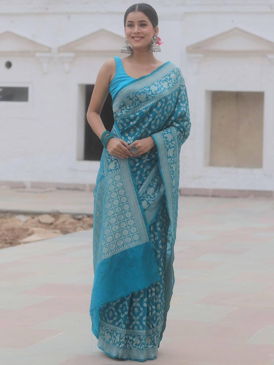 Unique Firozi Soft Banarasi Silk Saree With Awesome Blouse Piece