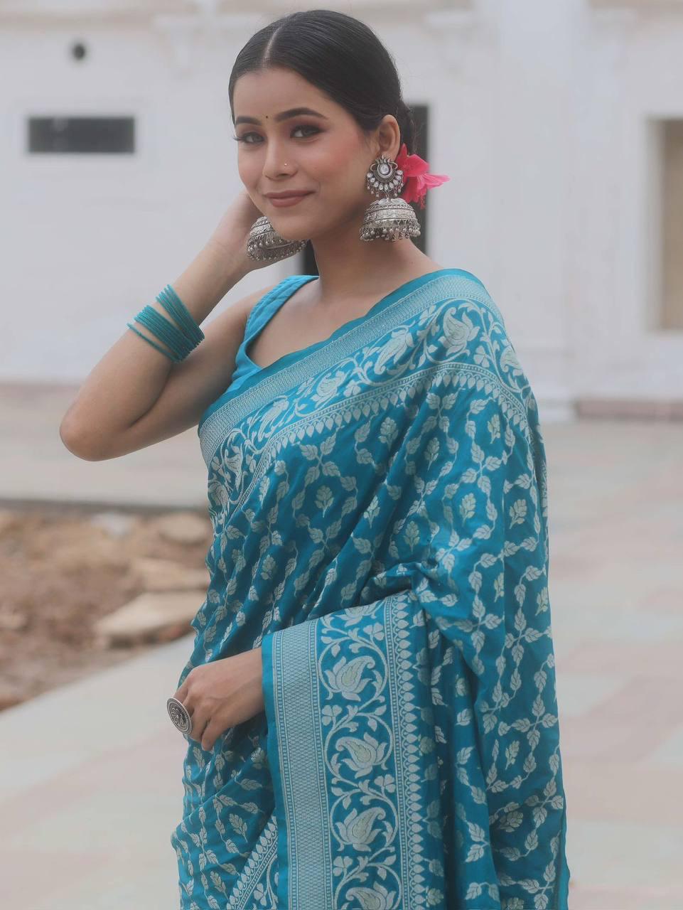 Unique Firozi Soft Banarasi Silk Saree With Awesome Blouse Piece
