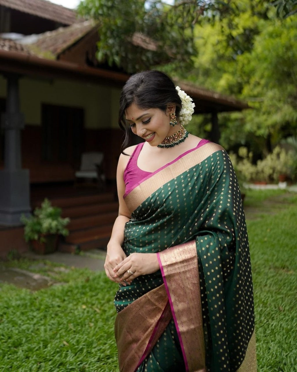 Quintessential Dark Green Soft Banarasi Silk Saree With Lissome Blouse Piece