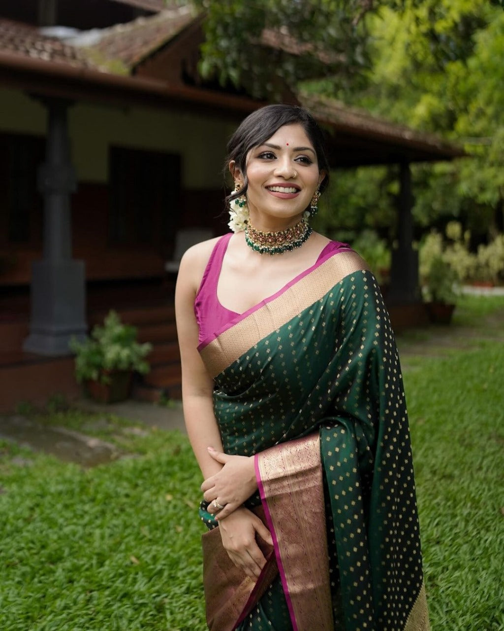Quintessential Dark Green Soft Banarasi Silk Saree With Lissome Blouse Piece