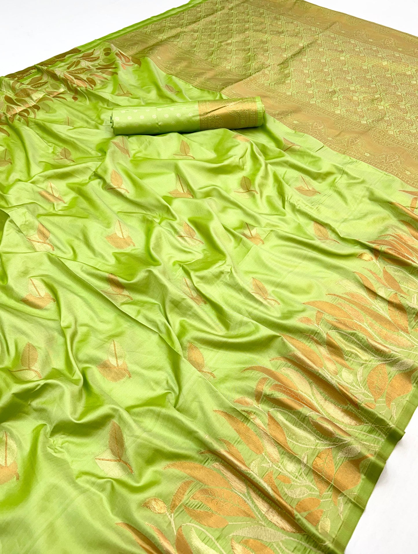 Dazzling Pista Soft Banarasi Silk Saree With Elision Blouse Piece