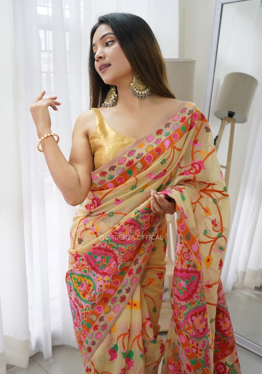 Lissome Light Yellow Pashmina saree With Incomparable Blouse Piece