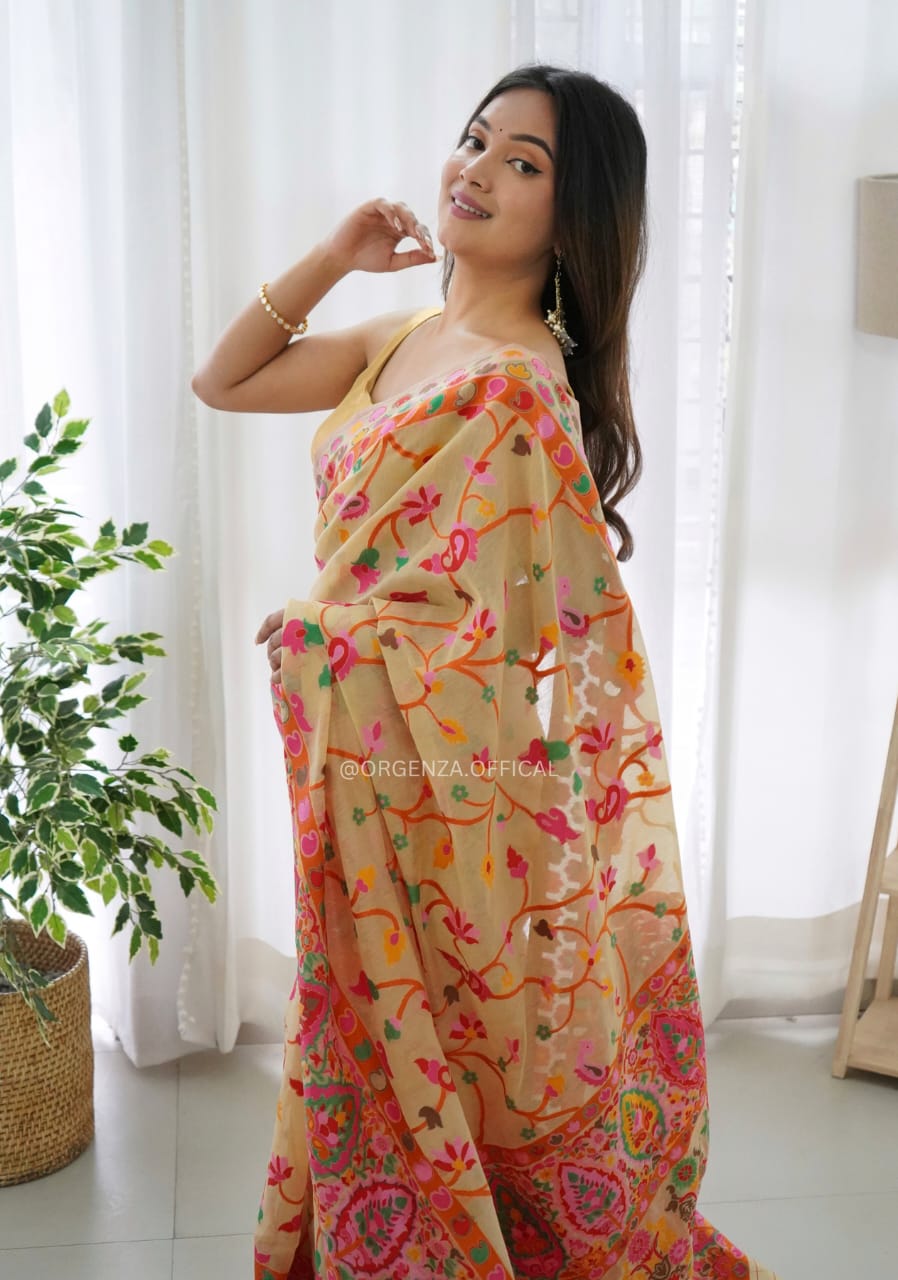 Lissome Light Yellow Pashmina saree With Incomparable Blouse Piece