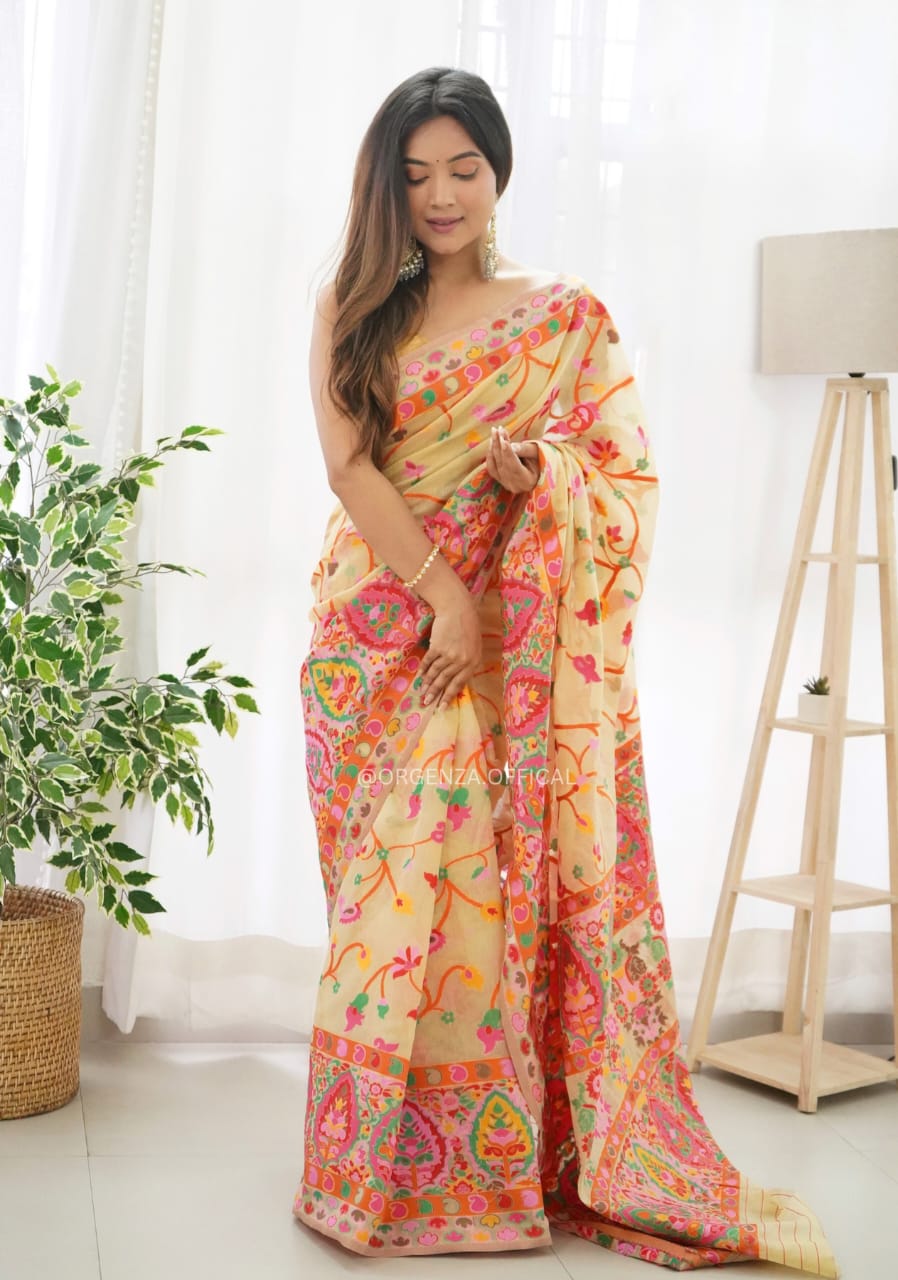 Lissome Light Yellow Pashmina saree With Incomparable Blouse Piece