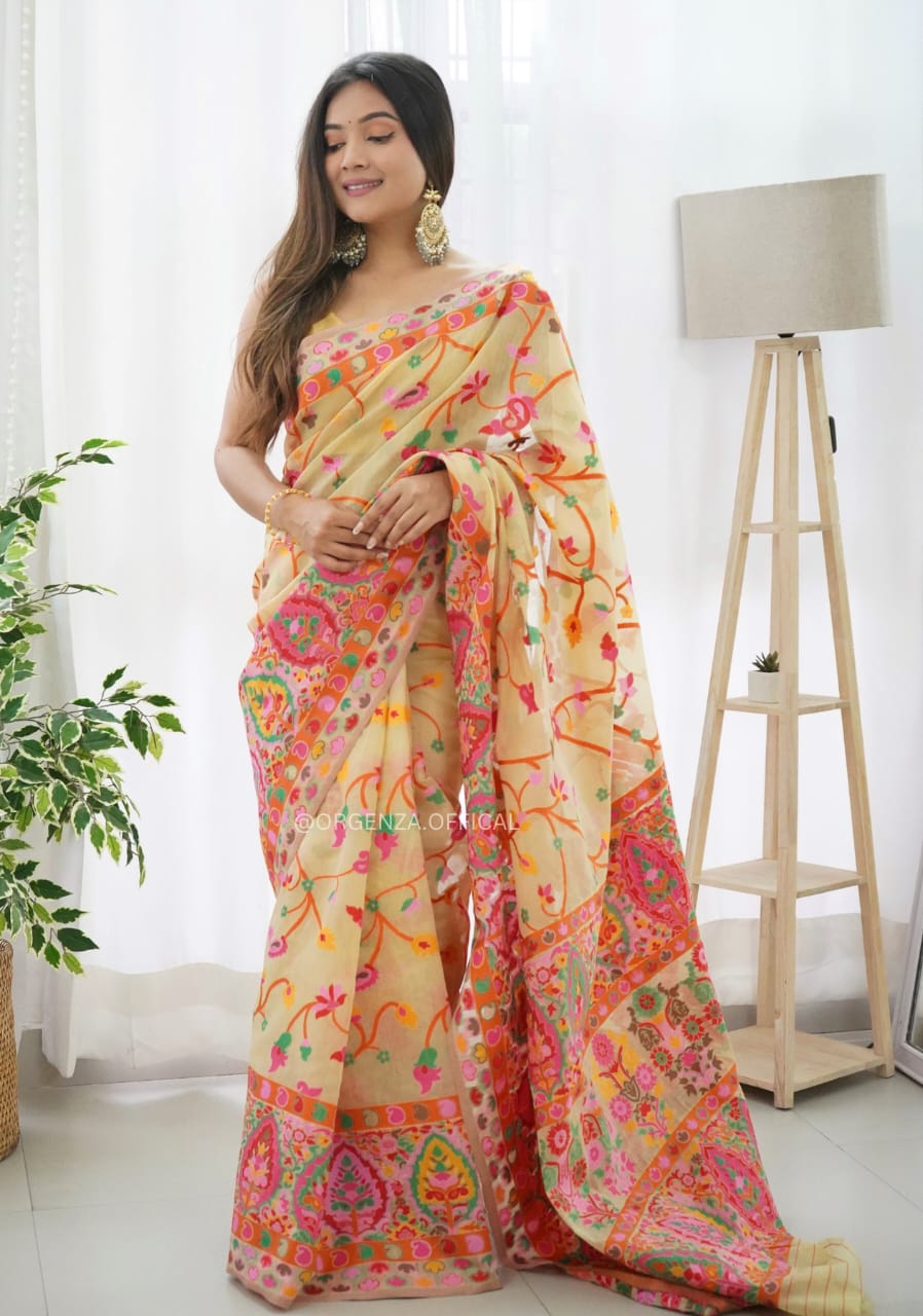 Lissome Light Yellow Pashmina saree With Incomparable Blouse Piece