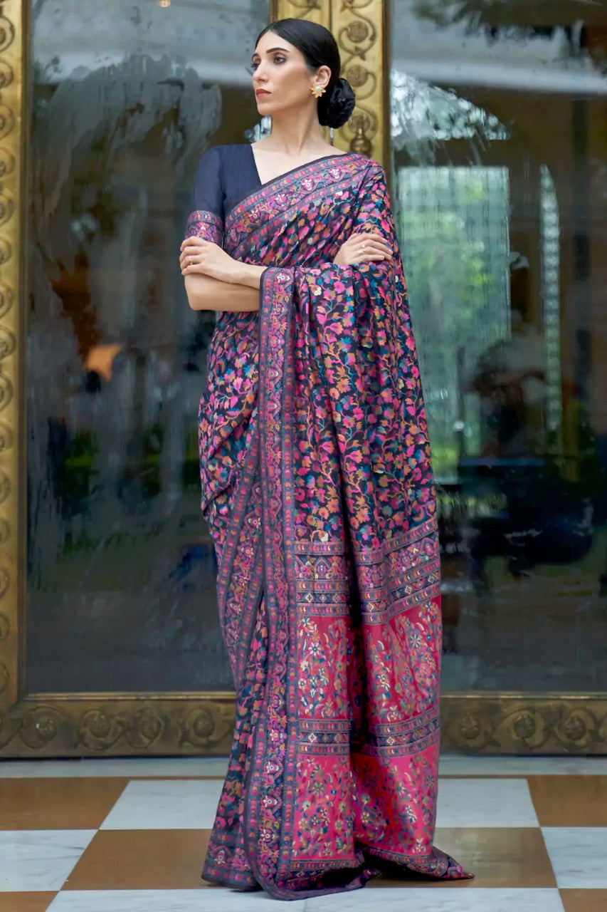 Adorable Dark Blue Banarasi Silk Saree With Exceptional Blouse Piece