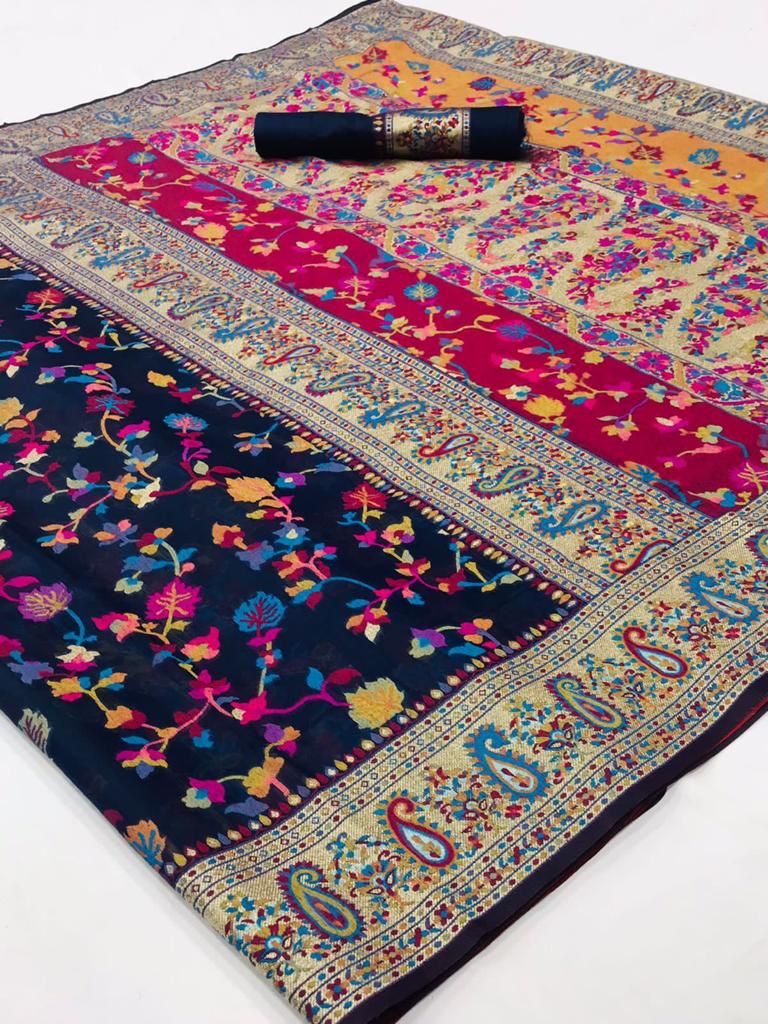 Adorable Dark Blue Banarasi Silk Saree With Exceptional Blouse Piece