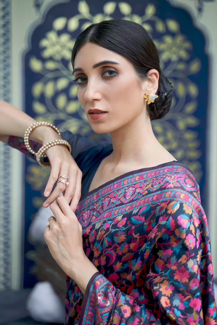 Adorable Dark Blue Banarasi Silk Saree With Exceptional Blouse Piece
