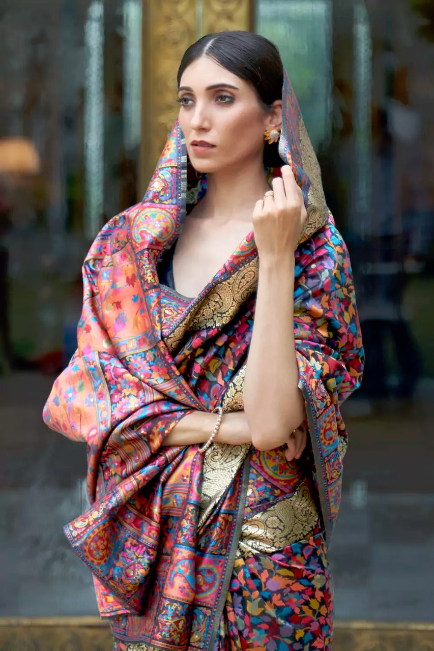 Adorable Dark Blue Banarasi Silk Saree With Exceptional Blouse Piece