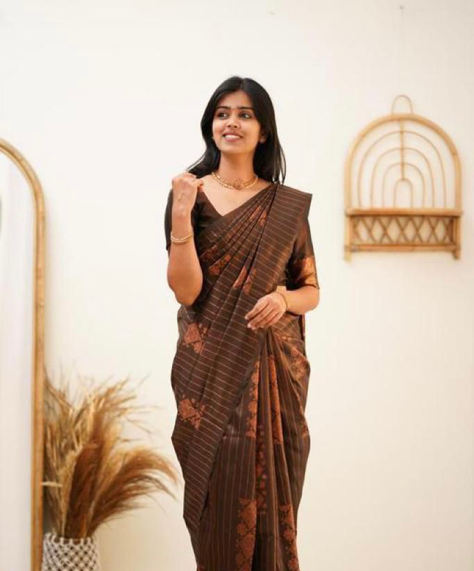 Adorning Brown Soft Banarasi Silk Saree With Gratifying Blouse Piece