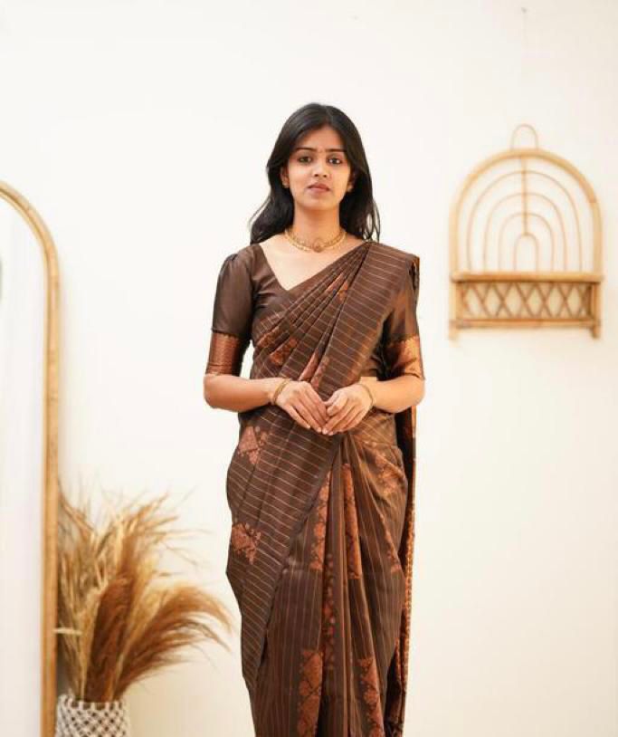 Adorning Brown Soft Banarasi Silk Saree With Gratifying Blouse Piece