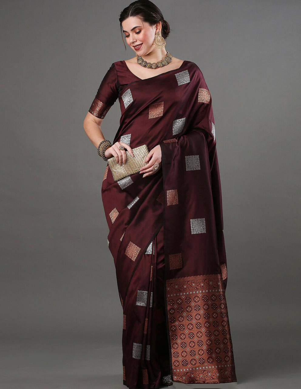 Felicitous Wine Soft Banarasi Silk Saree With Brood Blouse Piece