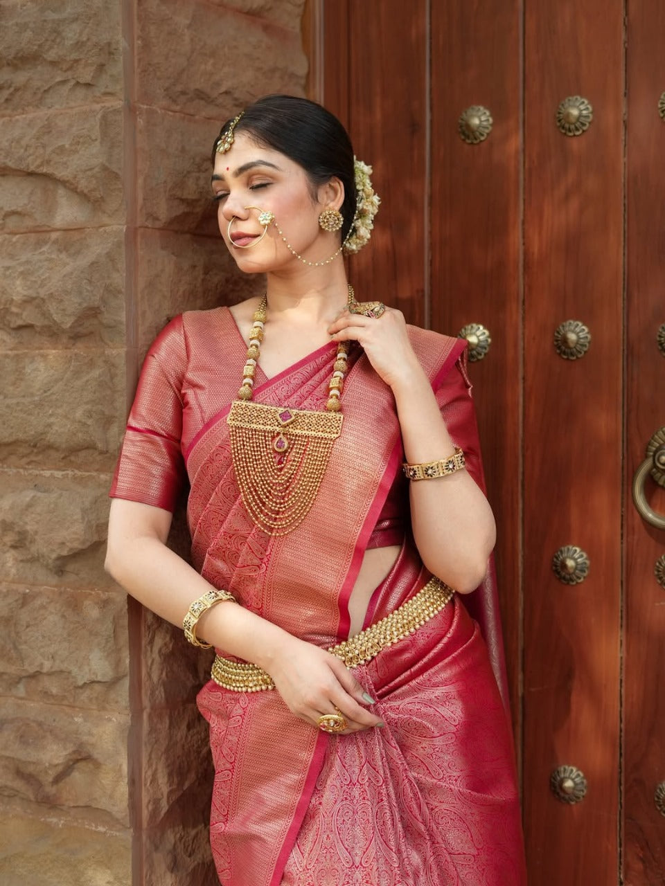 Prettiest Red Soft Silk Saree With Delectable Blouse Piece