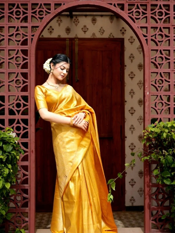 Prettiest Yellow Soft Silk Saree With Delectable Blouse Piece