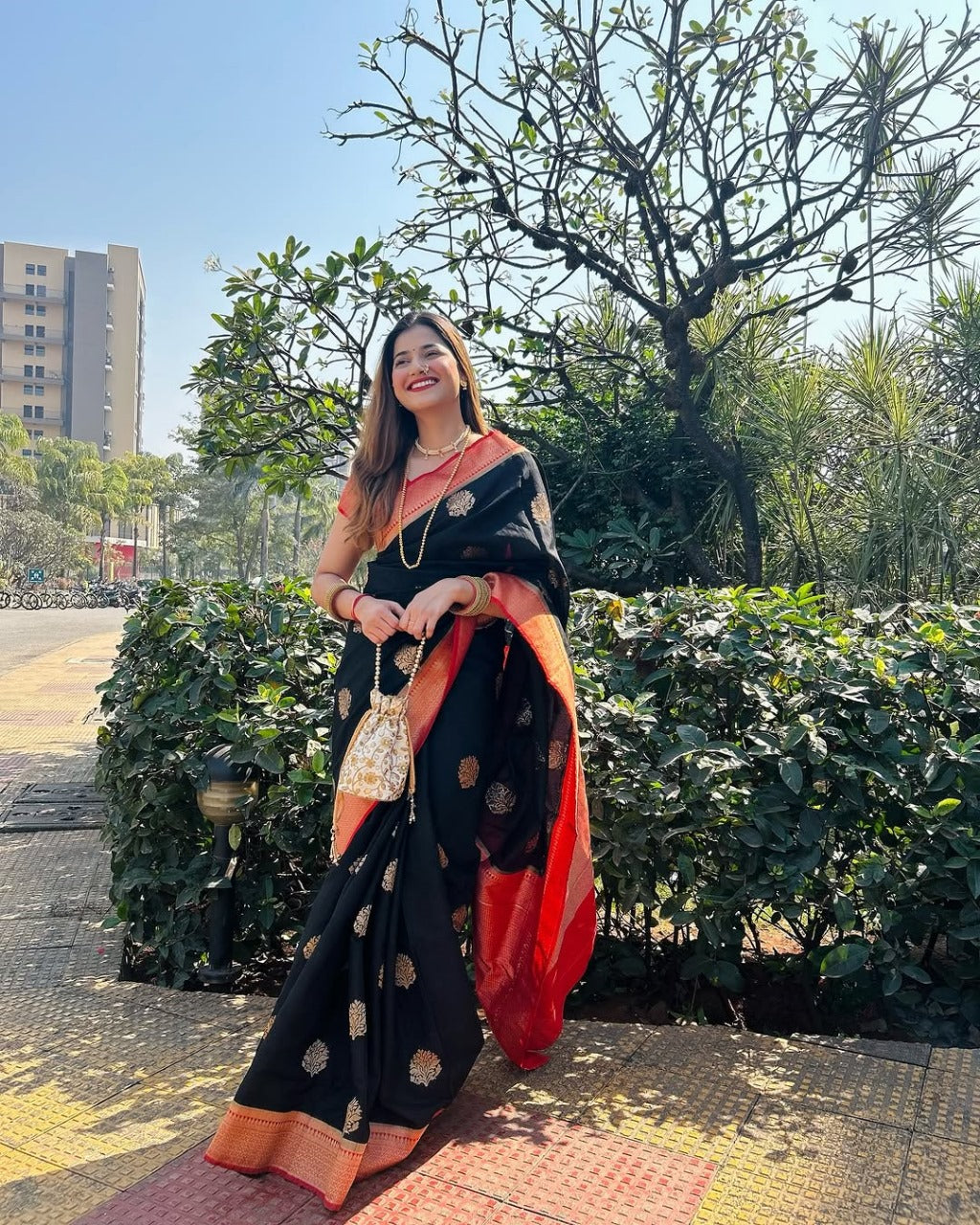 Felicitous Black Soft Banarasi Silk Saree With Seraglio Blouse Piece