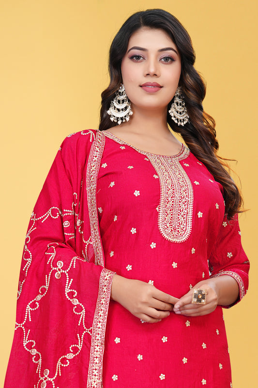 Stunning Women Rani Pink Embroidered Salwar Suit Set