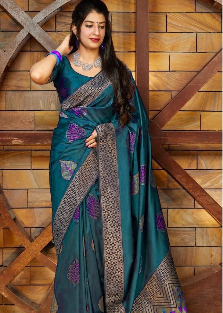 Transcendent Firozi Soft Silk Saree With Supernal Blouse Piece