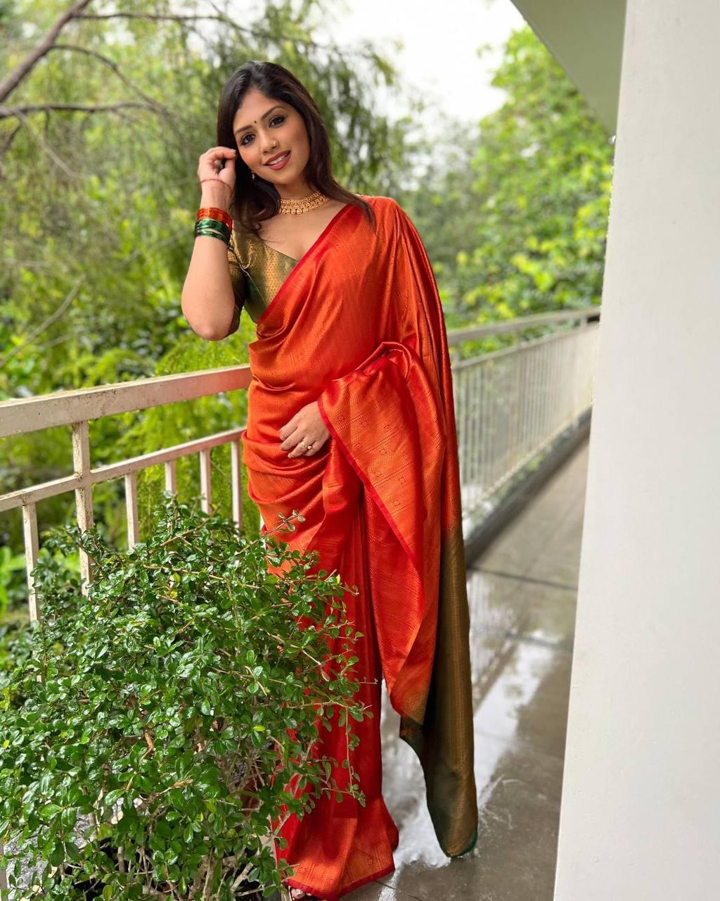 Deserving Orange Soft Banarasi Silk Saree With Beauteous Blouse Piece