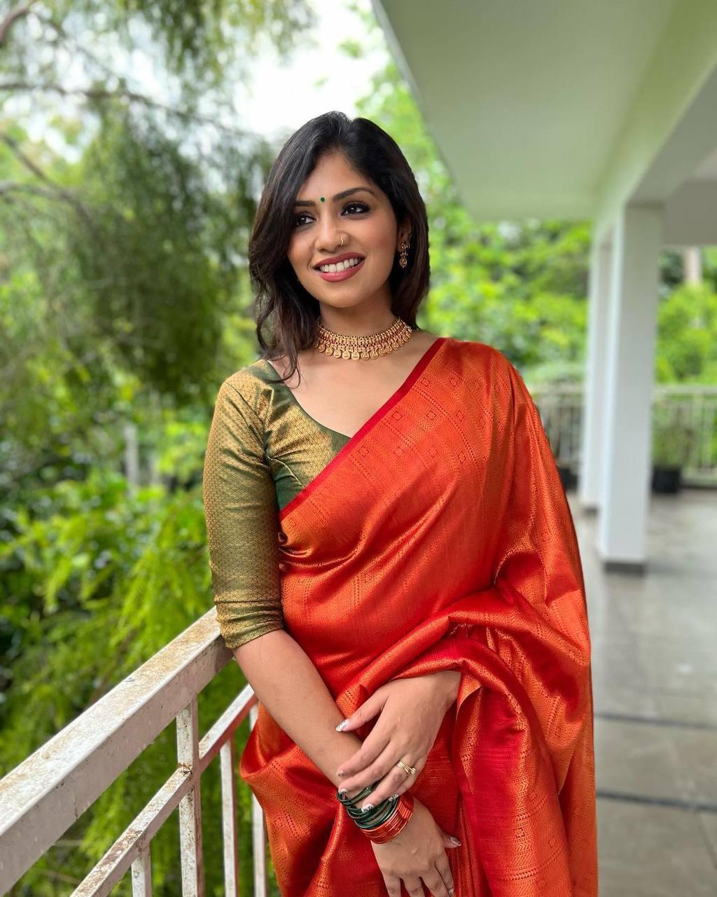 Deserving Orange Soft Banarasi Silk Saree With Beauteous Blouse Piece