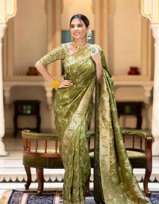 Appealing Mehndi Soft Silk Saree With Gorgeous Blouse Piece