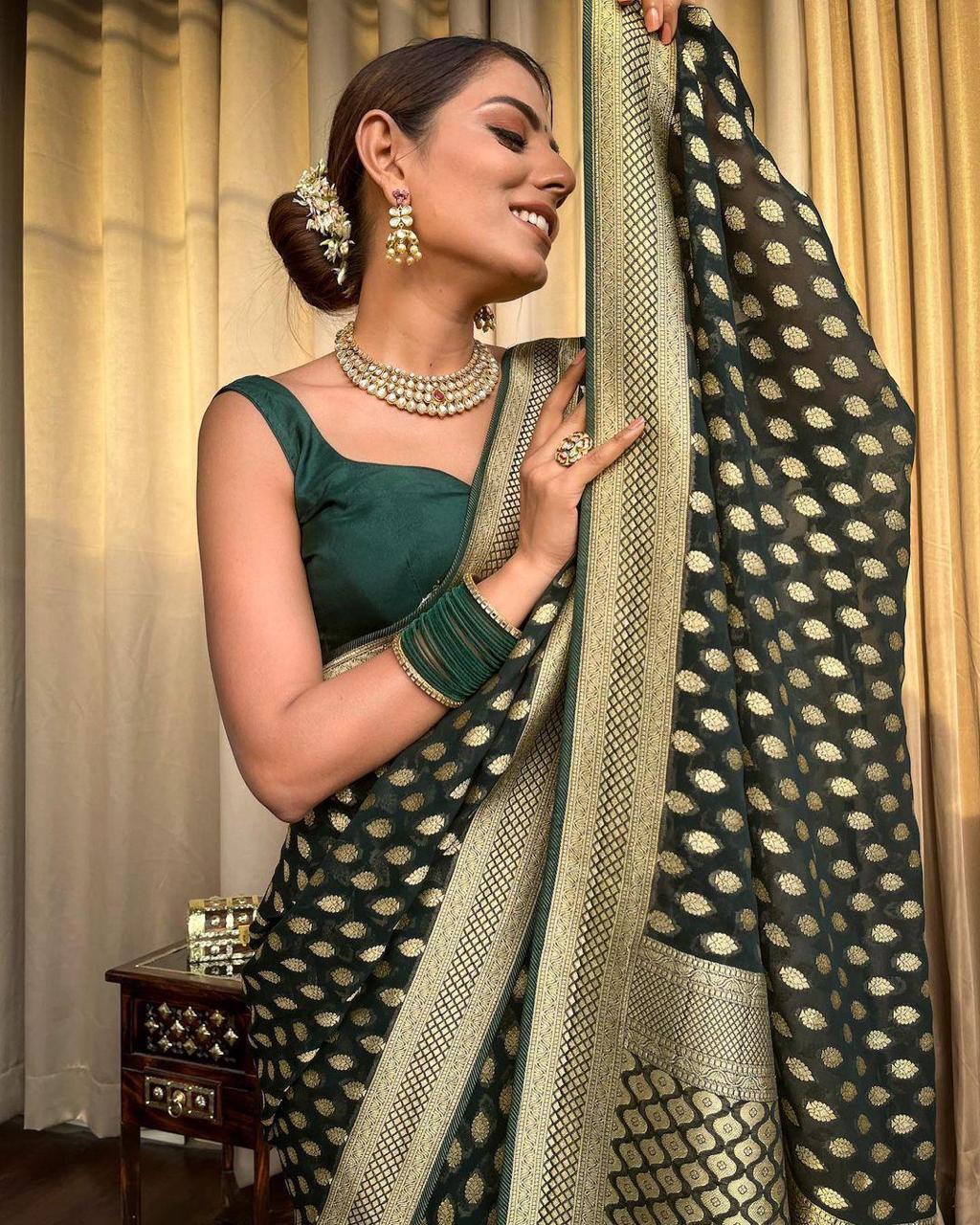 Conflate Dark Green Soft Banarasi Silk Saree With Propinquity Blouse