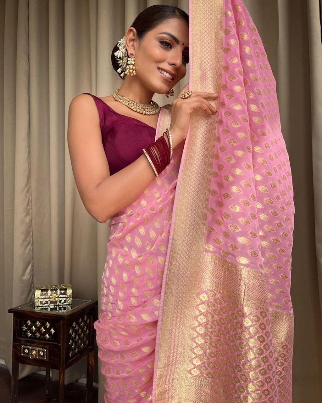 Innovative Pink Soft Banarasi Silk Saree With Eclat Blouse Piece