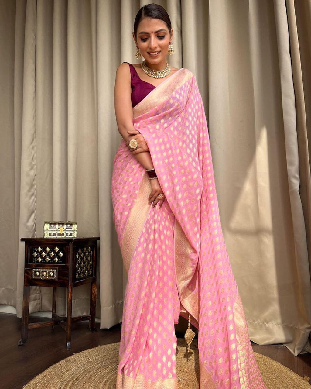Innovative Pink Soft Banarasi Silk Saree With Eclat Blouse Piece