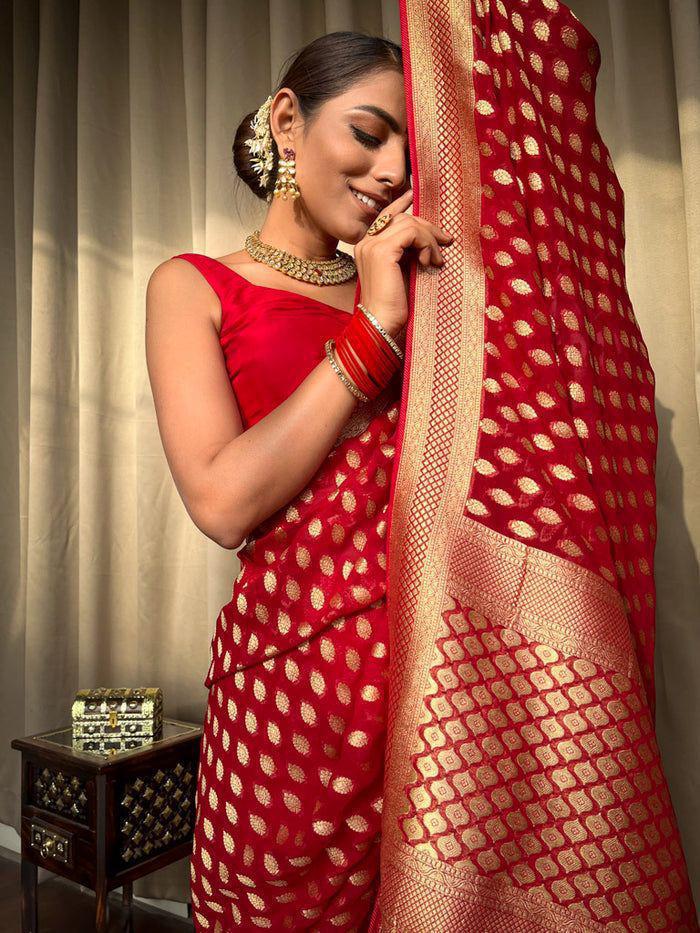 Marvellous Red Soft Banarasi Silk Saree With Nebula Blouse Piece