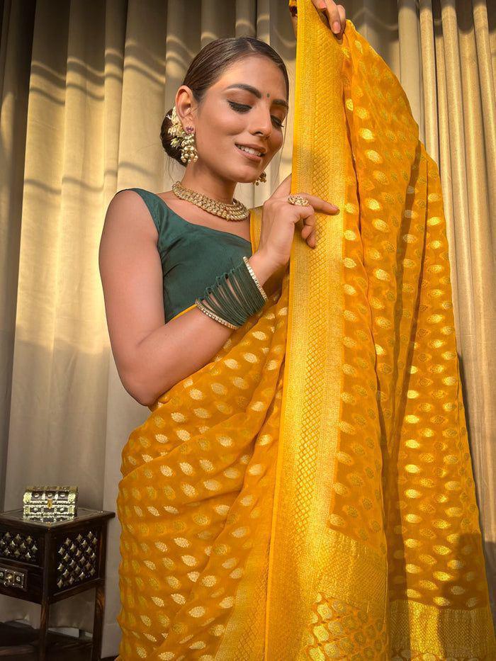 Stunning Yellow Soft Banarasi Silk Saree With Mellifluous Blouse Piece