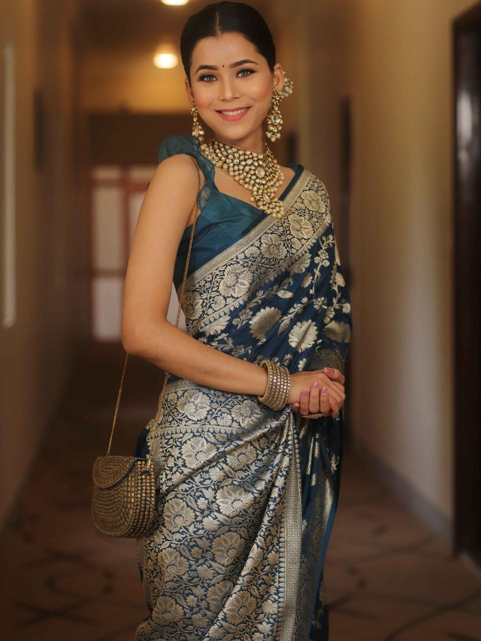 Jubilant Navy Blue Soft Silk Saree With Luminous Blouse Piece