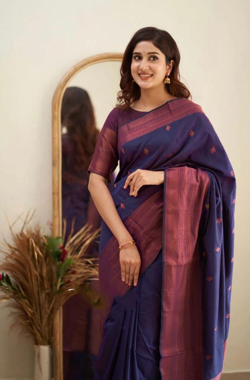 Luxuriant Blue Soft Banarasi Silk Saree With Splendorous Blouse Piece