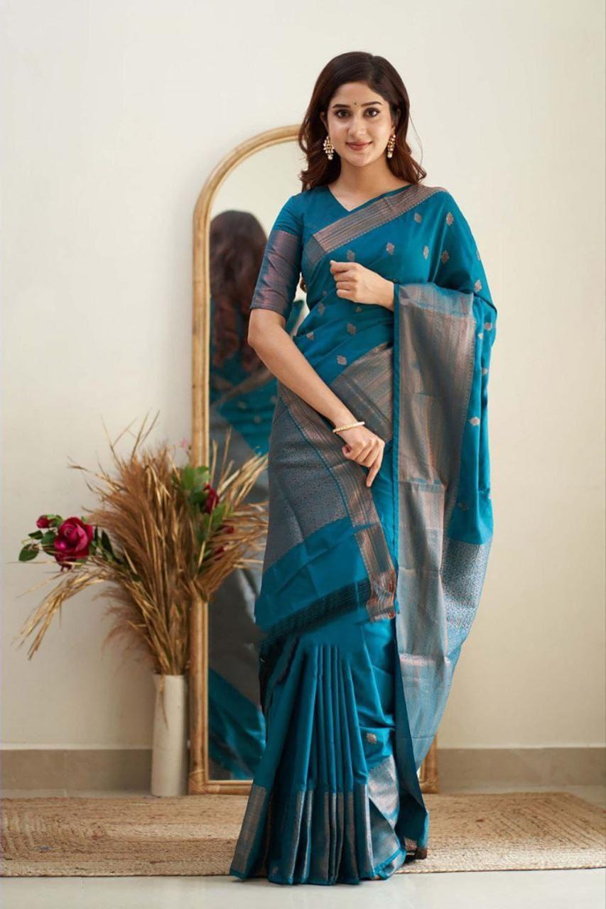 Luxuriant Firozi Soft Banarasi Silk Saree With Splendorous Blouse Piece