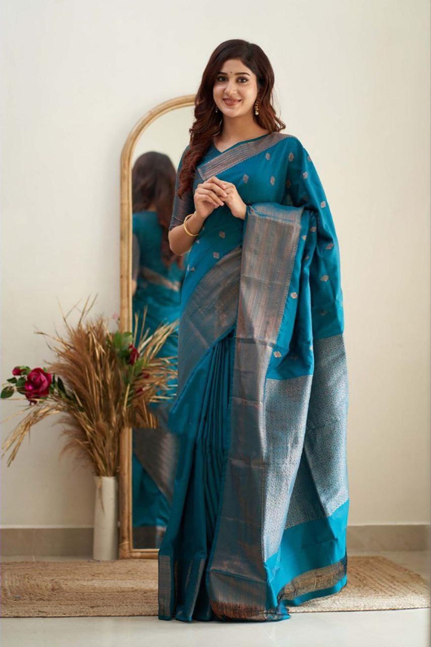 Luxuriant Firozi Soft Banarasi Silk Saree With Splendorous Blouse Piece