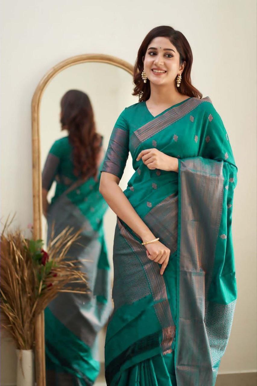 Luxuriant Rama Soft Banarasi Silk Saree With Splendorous Blouse Piece
