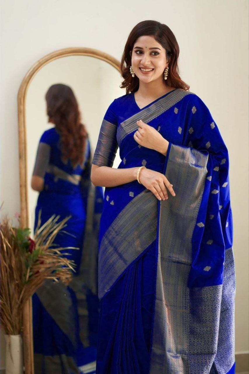 Luxuriant Royal Blue Soft Banarasi Silk Saree With Splendorous Blouse Piece