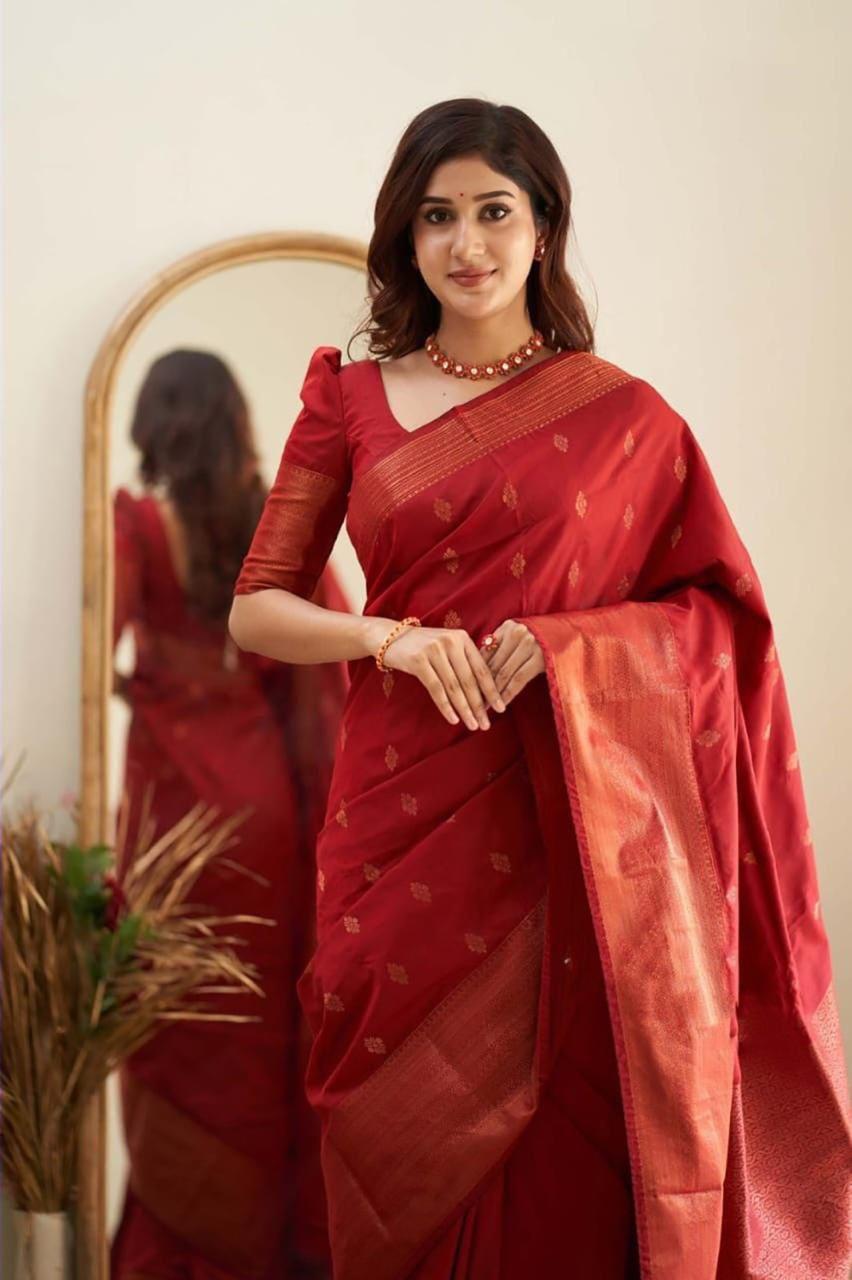 Luxuriant Wine Soft Banarasi Silk Saree With Splendorous Blouse Piece