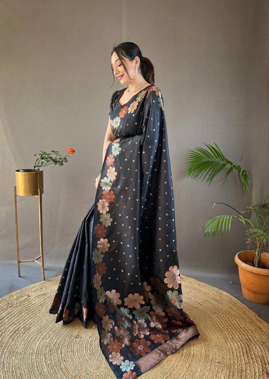 Prominent Black Soft Banarasi Silk Saree With Flattering Blouse Piece