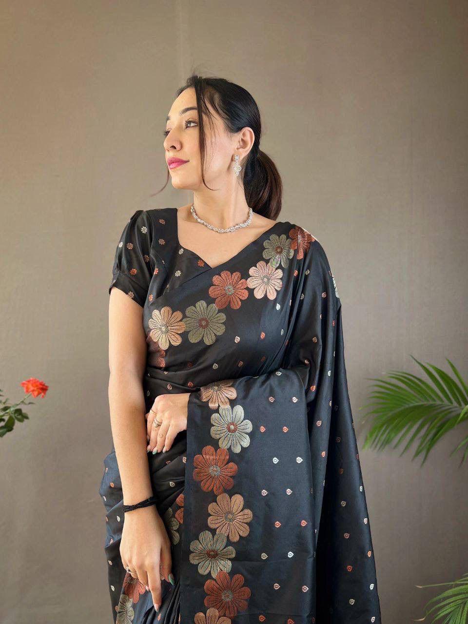 Prominent Black Soft Banarasi Silk Saree With Flattering Blouse Piece