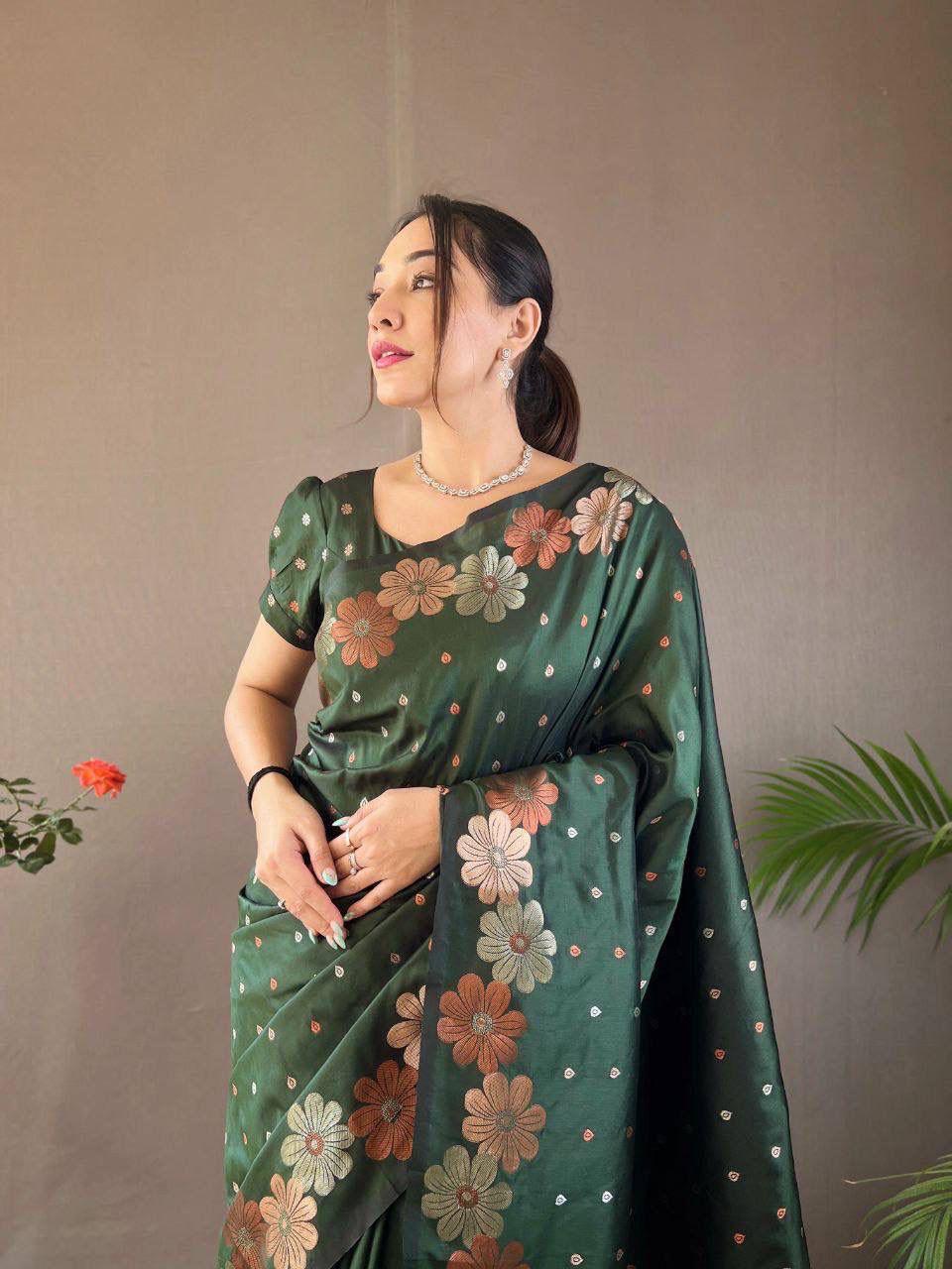 Blooming Dark Green Soft Banarasi Silk Saree With Sensational Blouse Piece