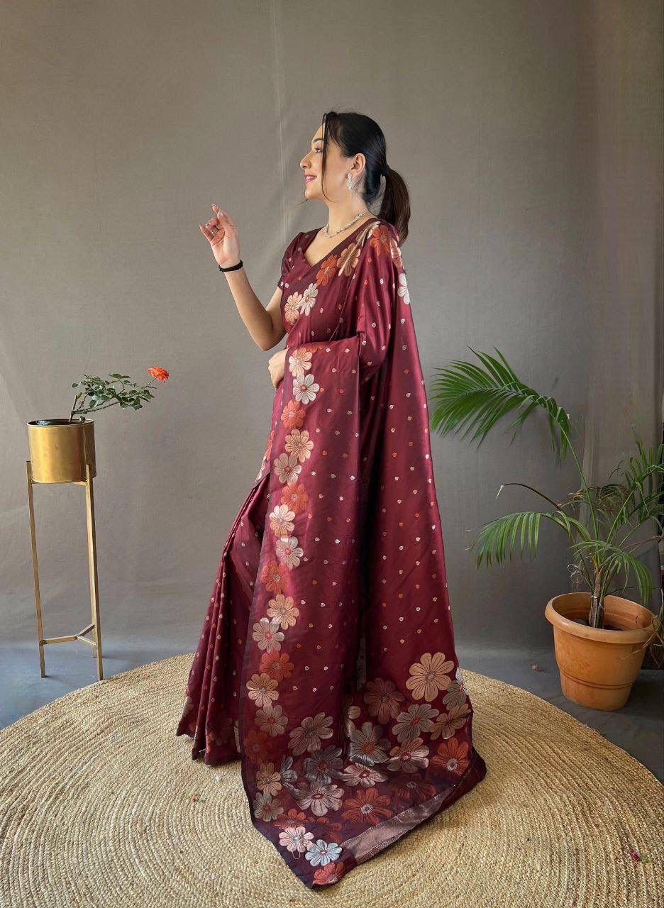Energetic Maroon Soft Banarasi Silk Saree With Capricious Blouse Piece