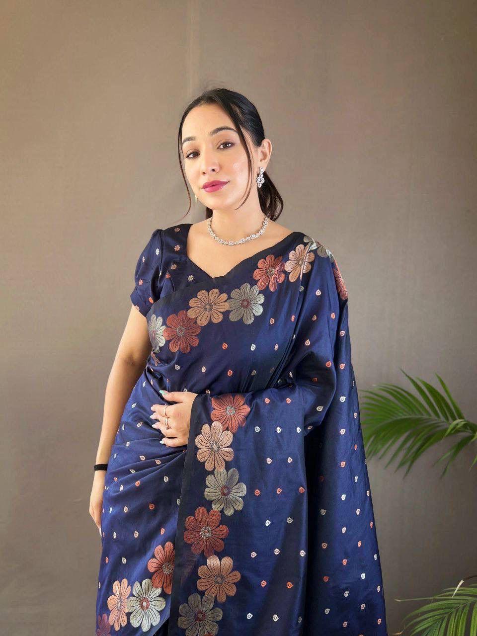 Trendy Navy Blue Soft Banarasi Silk Saree With Intricate Blouse Piece