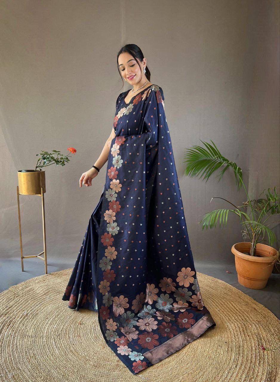 Trendy Navy Blue Soft Banarasi Silk Saree With Intricate Blouse Piece