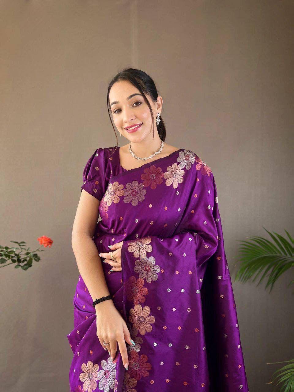 Deserving Purple Soft Banarasi Silk Saree With Hypnotic Blouse Piece