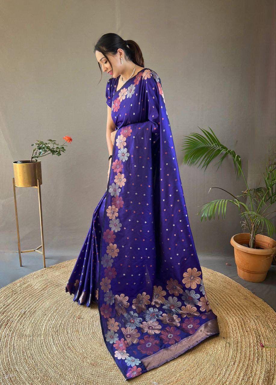 Deserving Royal Blue Soft Banarasi Silk Saree With Glorious Blouse Piece