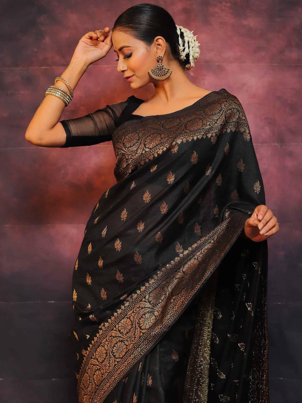 Exquisite Black Soft Silk Saree With Adoring Blouse Piece