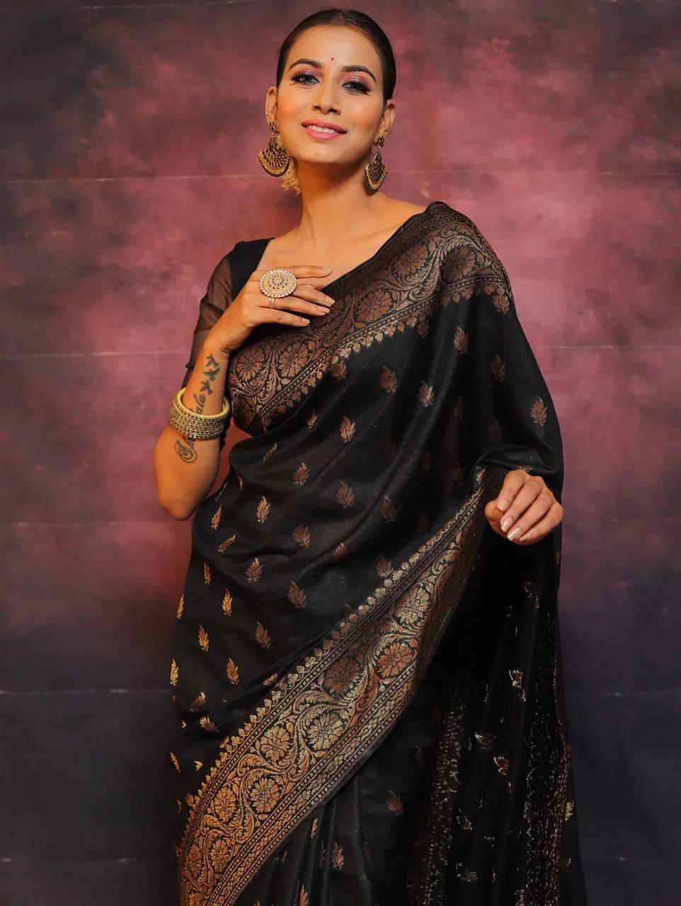 Exquisite Black Soft Silk Saree With Adoring Blouse Piece