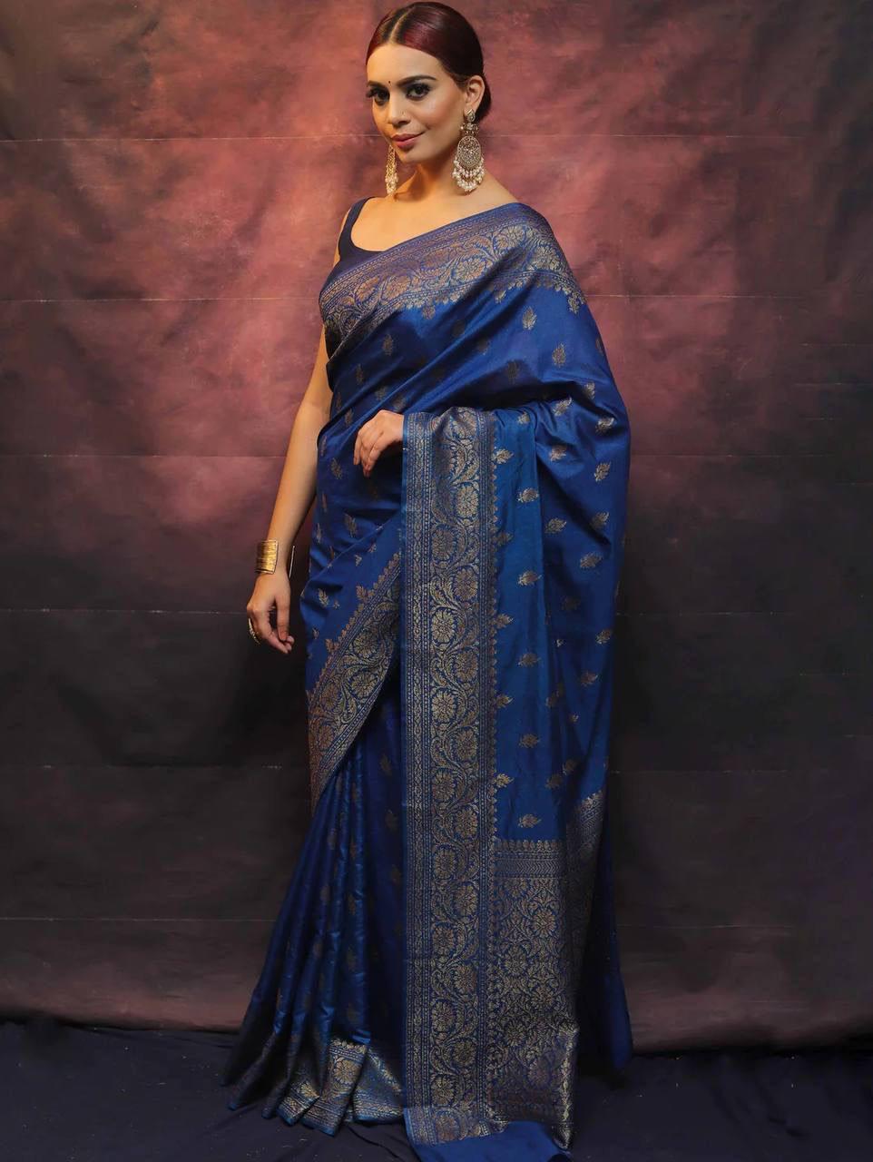 Beautiful Blue Soft Silk Saree With Adoring Blouse Piece