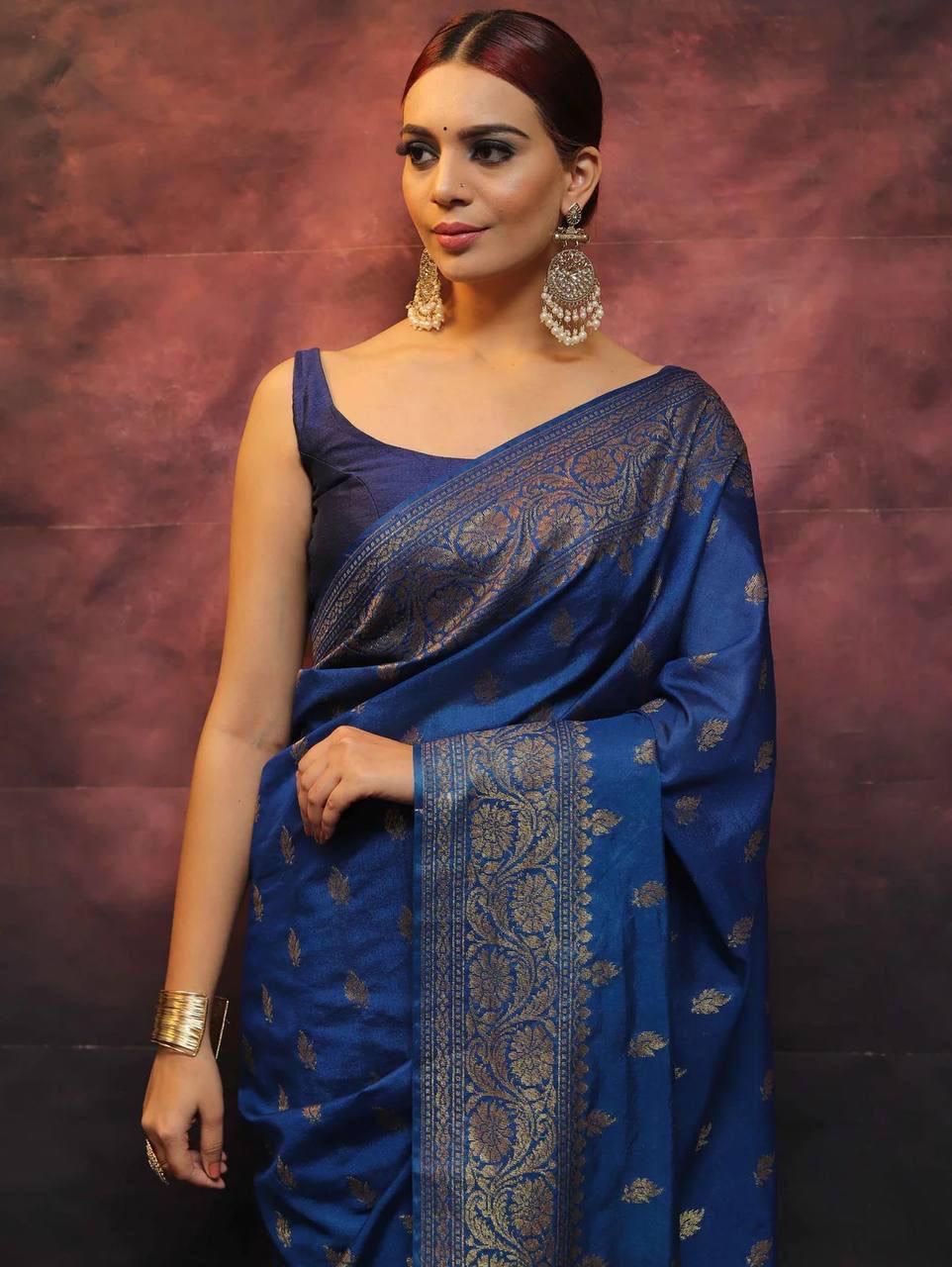 Beautiful Blue Soft Silk Saree With Adoring Blouse Piece