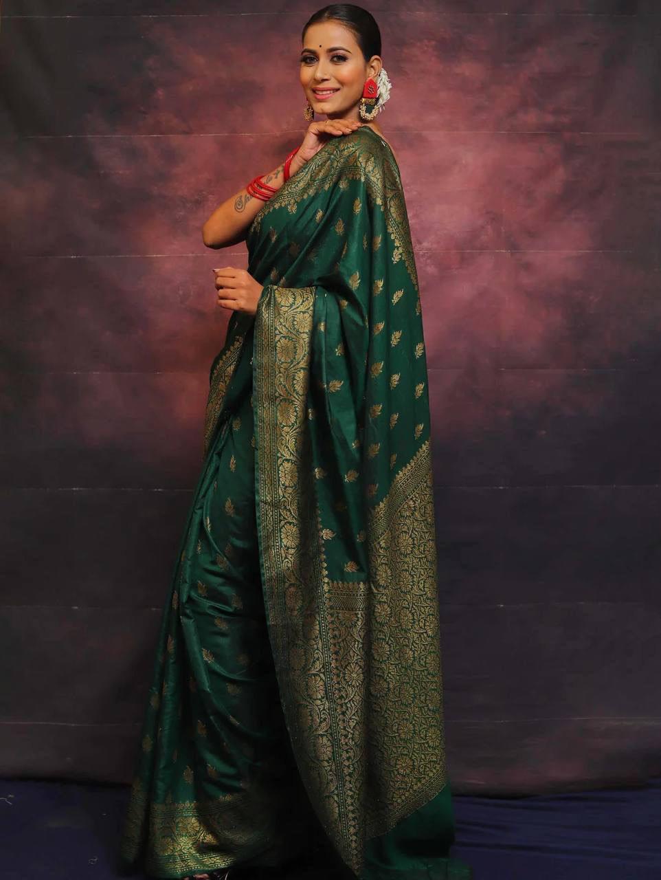 A glam Dark Green Soft Silk Saree With Marvellous Blouse Piece